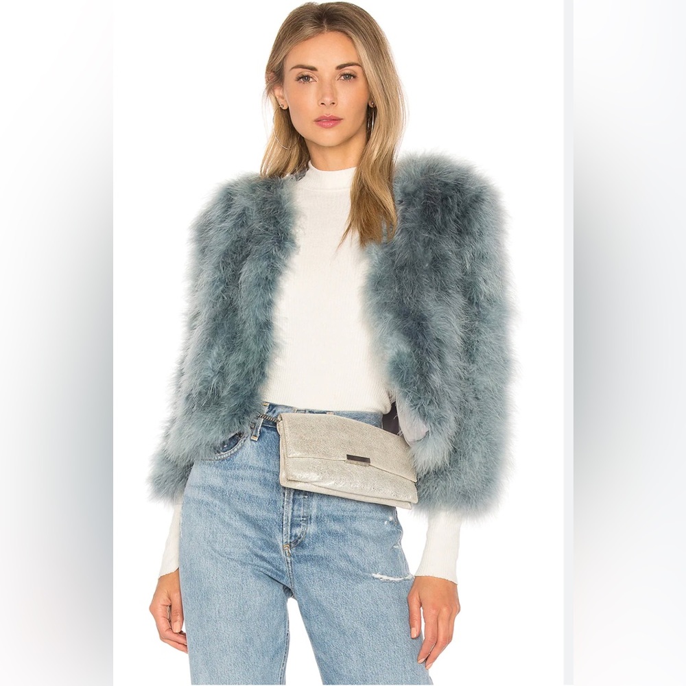 Jocelyn Feather Bolero Jacket in Blue Smoke Small Ostrich Dyed Feathers